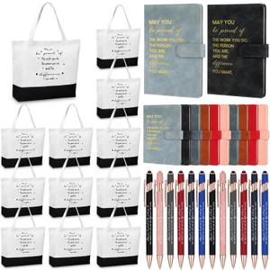 Paterr 12 Sets Thank You Appreciation Gifts Leather Notebooks Canvas Tote Bags Ballpoint Pens for Employee (Chic Colors)