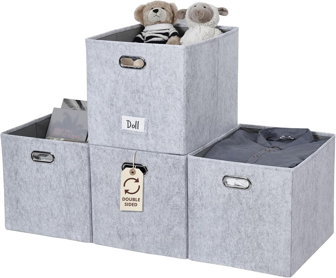 DECOMOMO Felt Storage Bins, 13x15x13 Storage Cube Bins with Labels | 4 Pack Storage Baskets for Shelves, Kallax (Light Grey)
