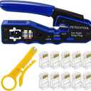 RJ45 Crimp Tool Kit Ethernet Crimping Tool Wire Crimper Stripper Cutter for Cat5e Cat6 Cat6a Pass Thrugh Connectors with 10 pieces Cat6 Connectors and 1 piece mini wire stripper