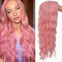 Kaneles Pink Curly Long Wigs for Women Wavy Wig Middle Parting Hair Natural Looking Synthetic Wigs for Halloween Cosplay