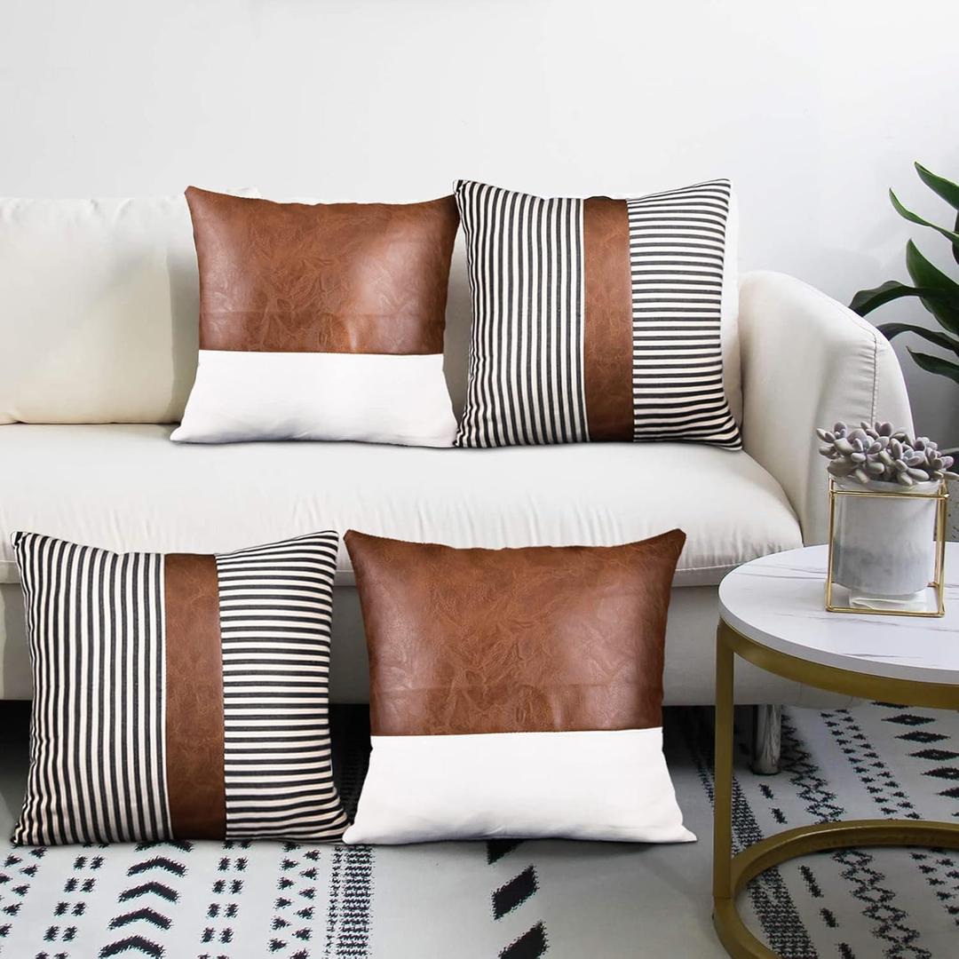 4 Packs Modern Decorative Couch Pillow Covers 18x18 Inch Brown Faux Leather Striped Accent Throw Pillow Covers for Sofa Living Room Bedroom Modern Farmhouse Decor