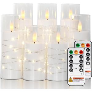 Raycare Flameless Candle with Remote Timer, 7 Flickering Acrylic Battery Operated LED Pillar Candles with Embedded Star String for Valentine's Day, Home Decor, and as a Gift(White)
