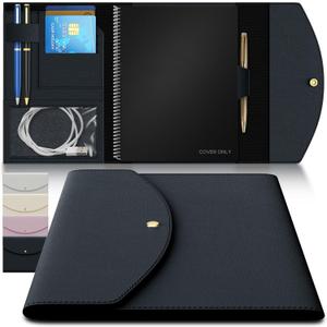 A5 Notebook Cover for Rocketbook, Planner & Journal  Slim Vegan Leather Folio with Pen Loop, Card Slots & Pockets  Fits Rocketbook Core, Panda, Fusion & Most 6" x 8.8" Notebooks (Black)
