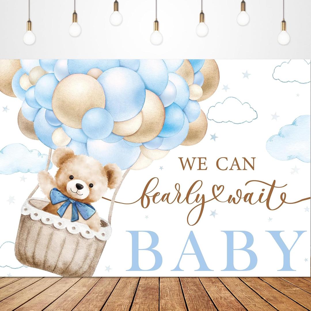 Glawry We Can Bearly Wait Baby Shower Backdrop for Photography 7Wx5H Feet Blue Boys Cute Cartoon Bear Animal Hot Air Balloon Watercolor Cloud Party Decorations Photoshoot Background Photo Booth Studio (Blue Bear)