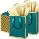 Yeaqee 50 Pack Metallic Gift Bags with Handle and Tissue Paper Gold Foil Thank You Bag for Valentine Wedding 5 Groomsmen Bridal 5 Senses Gifts Holiday Party Favors 9x7x3.15''(Turquoise Gold)