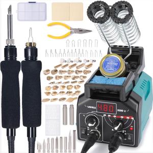 YIHUA 939D-II Pyrography Pen Wood Burning Kit Station 2-in-1 Solid-Point 200~480C (with Temp Display)/Wire-Nib 250~750C with 20 Nibs, Solid Points, 1 Stable Pen Holder, 2 Scrap Wood (Green)