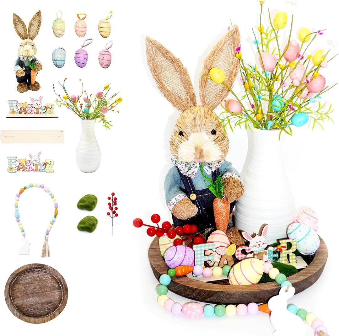 [Tray Included] 16 Pcs Easter Day Decor Set, Bunny Figurine Artificial Spring Flowers Eggs Ornaments Bead Garland Table Decorations with Tray, Rustic Farmhouse Centerpiece for Table Home, Blue