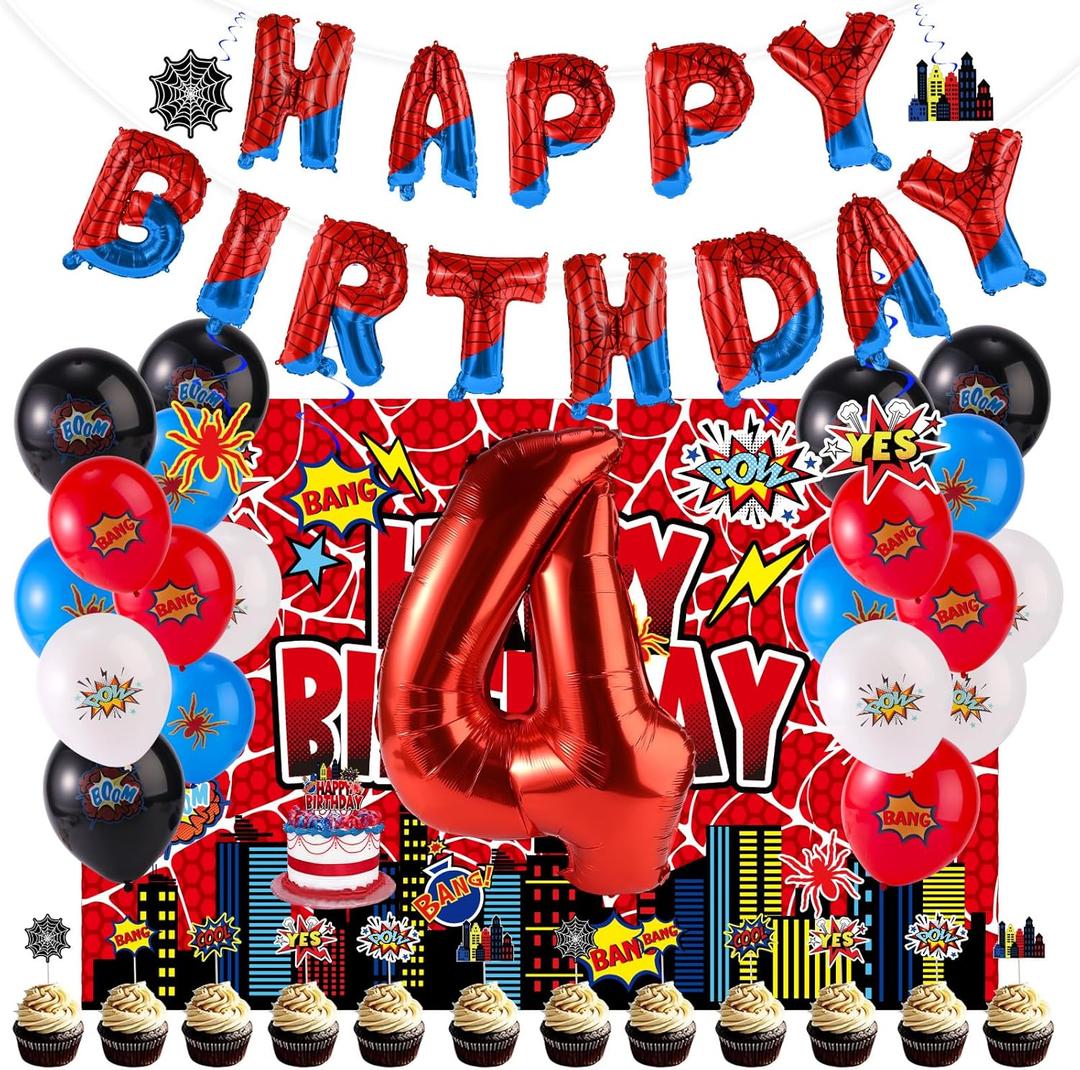 Spider Birthday Party Decorations, Include Latex Balloons Happy Birthday & Number Balloon Backdrop Banner Cake Toppers Hanging Swirls Theme Party Decor and Favors(Number 4)