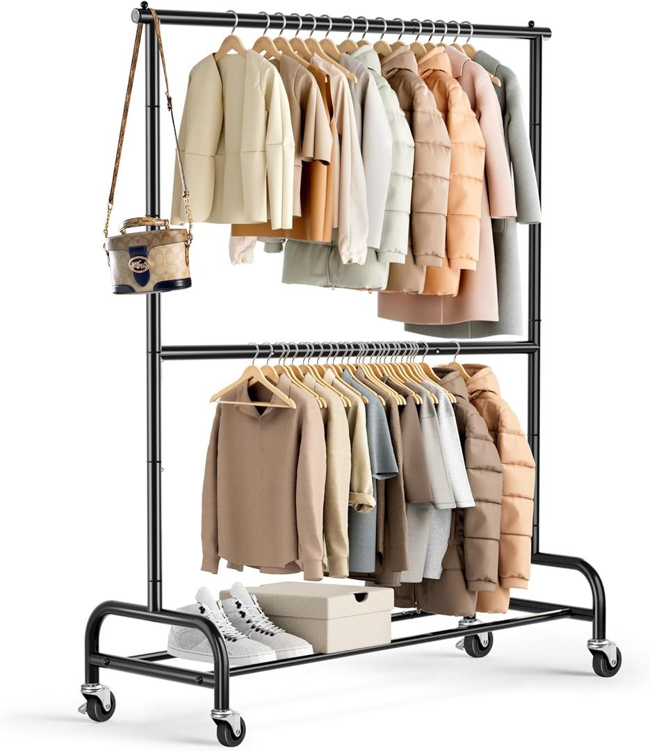 MISSLO Heavy Duty Clothing Racks for Hanging Clothes Rack Double Rod Garment Rack Rolling Closet Wardrobe Rack on Wheels, Metal, Adjustable, Black