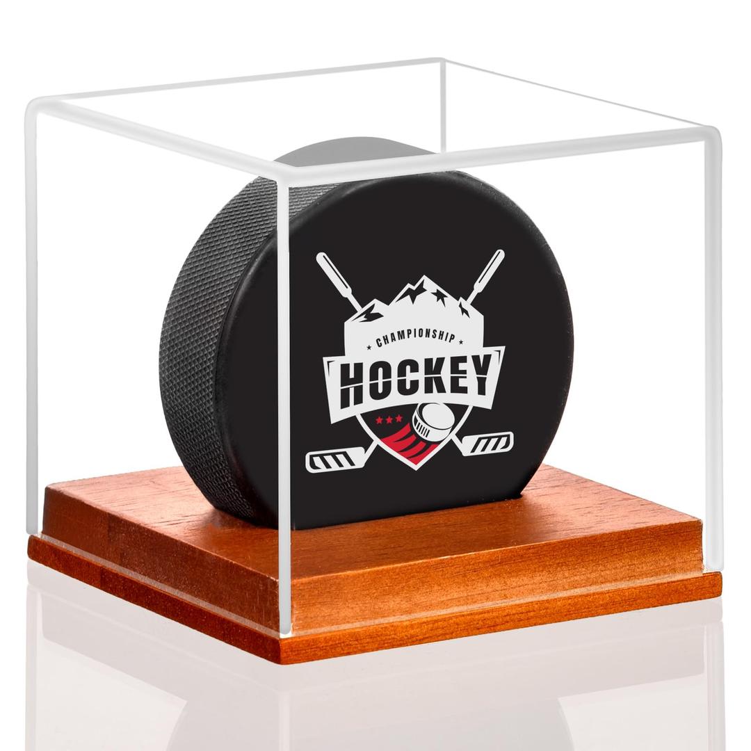 Hockey Puck Display Case, Pucks Display Cases with Wooden Base, Acrylic Clear Box - Hockey Memorabilia Storage Holder, for Enthusiasts & Collectors & Fans (1 Pack, Square)