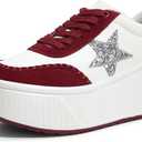 LUCKY STEP Women's Platform Chunky Sneakers Fashion Star Glitter Sparkly Wedge Walking Shoes High Heel Casual Shiny Thick Sole Footwear (7, Red/White)