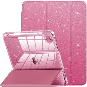 INFILAND Compatible with iPad A16 11th Generation 11 Inch 2025 Case, iPad Case 10th Generation 10.9 Inch, Glitter Cute Cover with Clear Sparkly Back, Pencil Holder, for Kids Girls Woman (Rose Pink)