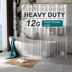 AmazerBath Heavy Duty Shower Curtain Liner 12 Gauge, 72 x 65 Inches Clear Shower Curtain Liner with 3 Clear Stones and 12 Grommet Holes, Weighted Plastic Shower Liner