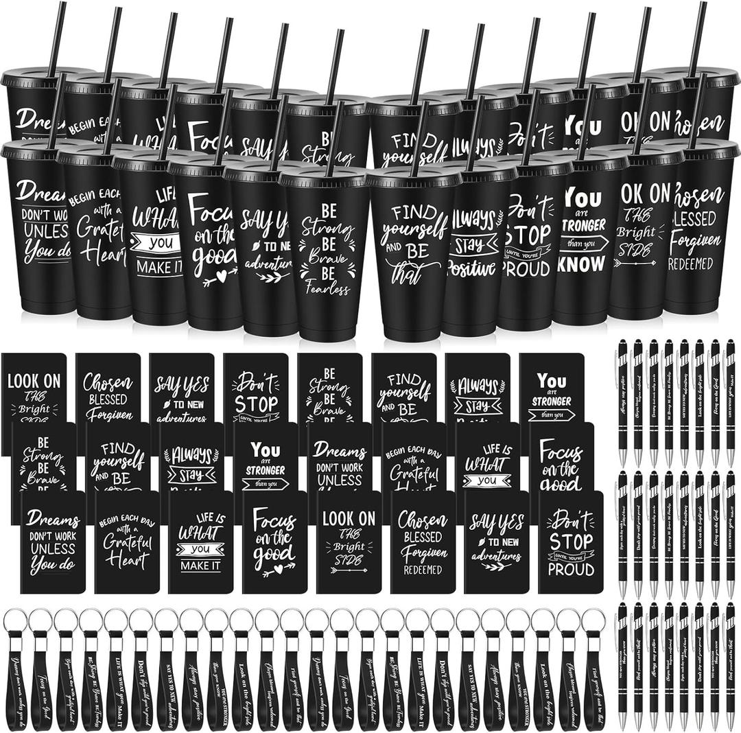 Hollowfly 24 Sets/96 Pcs Inspirational Gifts Bulk for Employee Appreciation, 24 oz Plastic Cups and Pens Notebooks Keychains Set, Group Gifts for Office Staff Coworkers (Black)