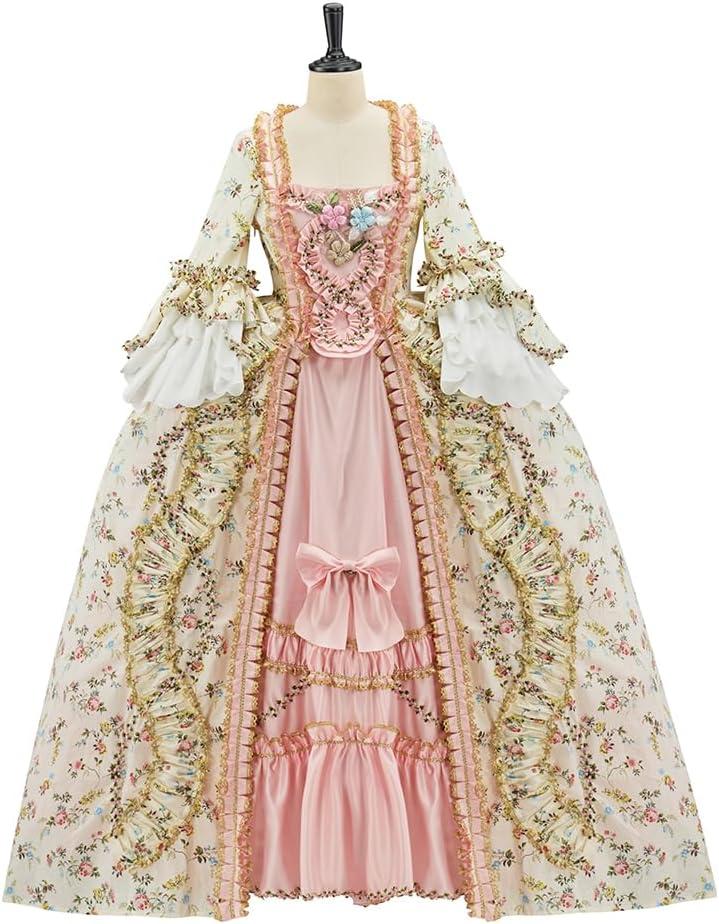 Willyacos French Queen Costume Marie Antoinette Dress Floral 18th Century Victorian Dress Women's Rococo Medieval Ball Gown (White, S)