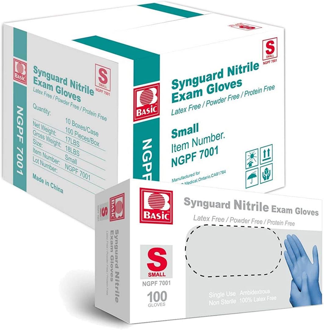 Basic Medical Blue Nitrile Exam Gloves - Latex-Free & Powder-Free - NGPF 7001(Case of 1,000), Small