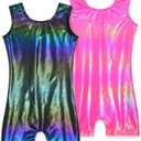 2 Pack Leotard for Girls Gymnastics Sparkly Tumbling Unitards with Shorts Sleeveless One Piece Biketards (5-6 Years, 2pcs Hot Pink & Black)