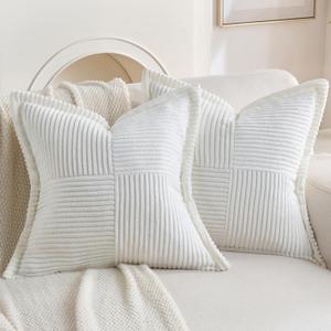 2 x HAUSSY 2 Pack Pillow Covers 20x20 Inch, Corduroy Decorative Throw Pillows Soft Boho Striped Solid Couch Cushion Covers Home Decor Modern Pillow Cases for Living Room Sofa Bed, White (Covers Only)