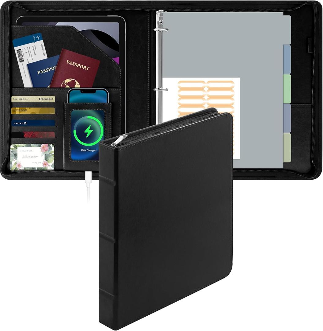 EYROZILL Zipper Portfolio Binder, 3 Ring Leather Binders 1-Inch Capacity for 8.5x11, with Document Pockets, Card Slots & Phone Holder (Black)