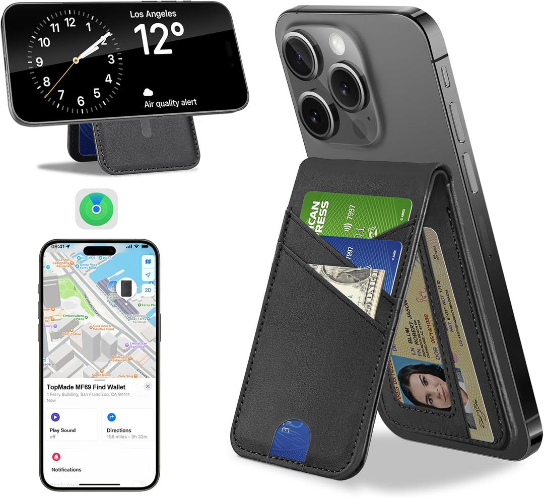 TopMade for MagSafe Wallet, Works with Apple Find My, Magnetic Wallet for iPhone 17/16/15/14/13/12 Series, for iPhone Wallet Stand with Finder Tracker, 6 Card Holder, RFID Blocking, Slim, Black