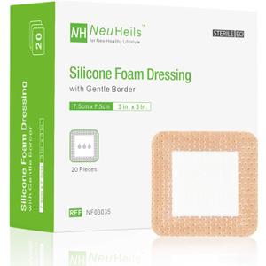NeuHeils Silicone Foam Dressing with Gentle Border 3''x3'', 20 Packs for Bed Sore Leg Ulcer, High Absorbency Waterproof Silicone Wound Bandage