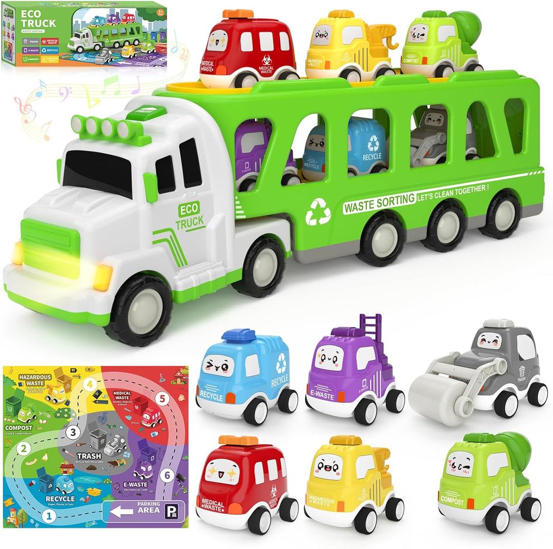 7-in-1 Toddler Truck Toys for 2 3 4 5 Year Old Boys - 17" Longer Transport Eco Truck with 6 Cute Pull Back Cars and Playmat, Carrier Truck with Light & Sound, Birthday Gifts for Kids 2-5 (Yellow)