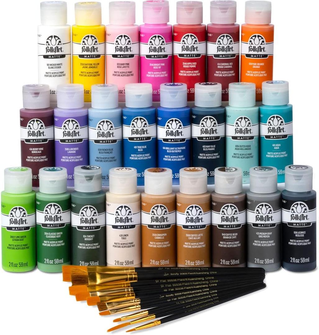 FolkArt 99445 24 Bottle Acrylic Craft Paint Set with 10 Pack of Brushes, 2oz, Colors May Vary, EXP 06/19/2025