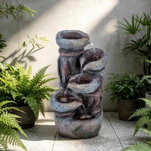 19.9" H Water Fountain Outdoor,5-Tiers Cascading Stacked Stone Bowl Waterfall Fountain with LED Lights for Garden or Patio Yard Deck Decor