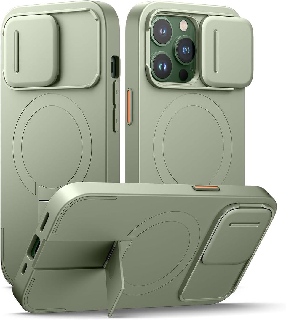 SURITCH for iPhone 13 Pro Case with Magnetic Camera Slide Cover and Adjustable Kickstand, Compatible with MagSafe, Shockproof Bumper Case Slim Protective Cover for iPhone 13 Pro 6.1 Inch, Green