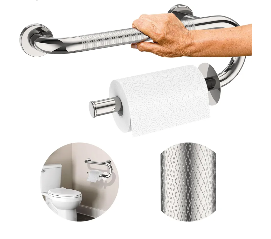 Toilet Grab Bars 16 Inch  Toilet Paper Holder Grab Bar Stainless Steel Knurled Toilet Grab Bars for Seniors Bathtub Bathroom Rails for Elderly Safety Balance Support, Chrome