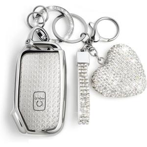 Key Fob Cover with Diamond, Compatible with Kia Cerato Ceed Forte NIRO Sorento Seltos Sportage Soul Telluride, Sparkling TPU Key Case and Elegant Heart Decoration for Women (Silver)