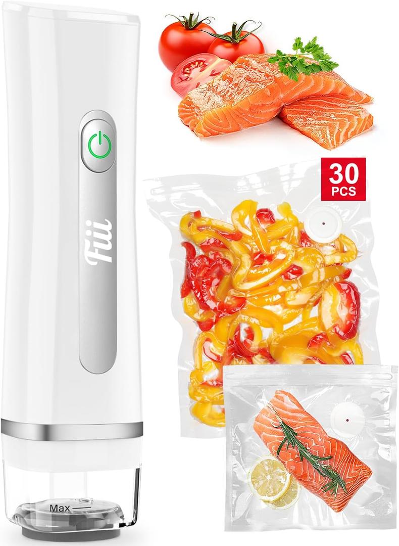 Fiii Portable Vacuum Sealer for Food, Compact Vacuum Sealer with Visible Water Tank, 30 Reusable Vacuum Bags, Handheld Sealer Machine, Pure White