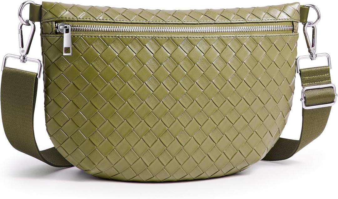 KALIDI Woven Crossbody Bags for Women Travel Vegan Leather Fanny Packs for Woman Men Cross Body Purse Fashion Belt Bum Bag (Grass Green)