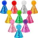Hooqict 10 PCS Mini Small Party Hats for Stuffed Animals Birthday Party Cone Hats with Pom Poms for Baby Small Dogs Cats Party Animals Toy Figures, Assorted
