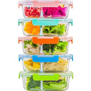 C CREST 5-Pack,3 Compartment Glass Meal Prep Containers Set,34oz, Divided Glass Food Storage Containers with Lids, Glass Lunch Box with Dividers