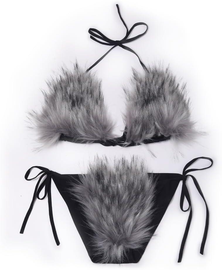 ZOSCGJMY Women's Faux Fur Halter String Triangle Bikini Sets Two Piece Swimsuits (Light Grey) One Size