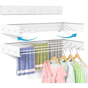 Wall Mounted Drying Rack for Laundry 31.5'', Folding Clothes Drying Rack Wall Mount with 5 Rods and 6 Hooks, Space Saving Collapsible Towel Rack for Indoor Outdoor Bathroom Balcony (White, 31.5'')