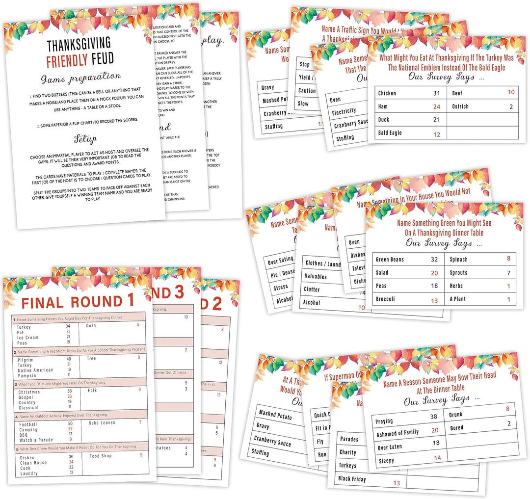 Thanksgiving Day Friendly Feud Game, Trivia Games, Feud Game for Adults, Fall Winter Ice Breaker Games, Classroom Activities, Thanksgiving Day Decoration, Party Supplies, Trivia Cards, S4