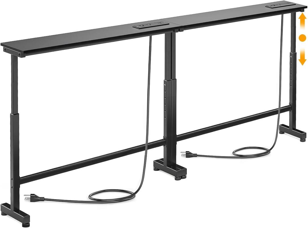 Dicasser 2 Pack Narrow Console Sofa Table with Adjustable Height (22"-33") & 2 Power Outlets, Skinny Behind Couch Table for Living Room Entryway Hallway, 79" L x 7" W x 33" H (Black)