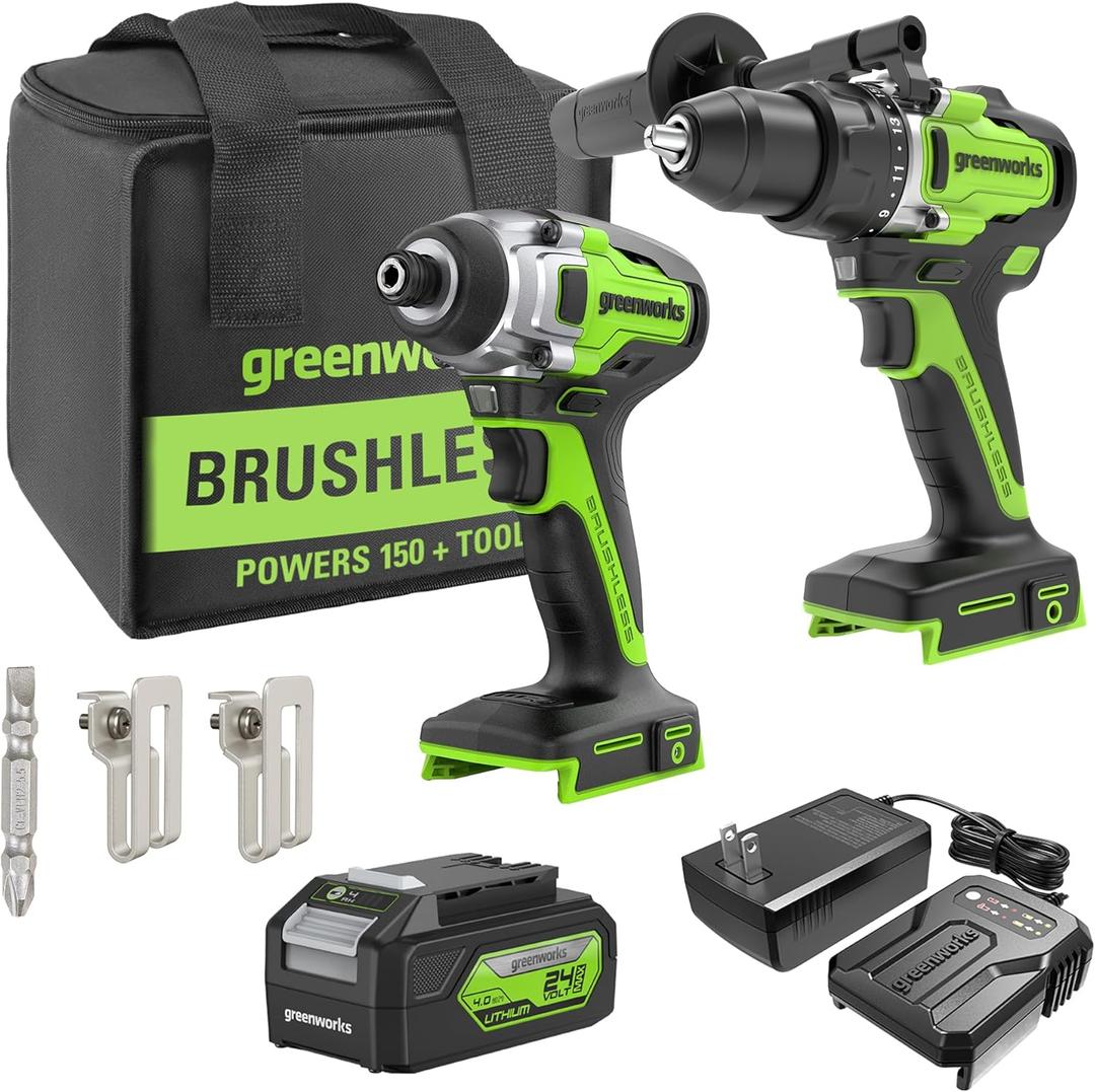 Greenworks 24V Cordless Brushless 800in-Ibs Drill & 2650 in-ibs Impact Driver Combo Kit with 4.0Ah Battery and Charger