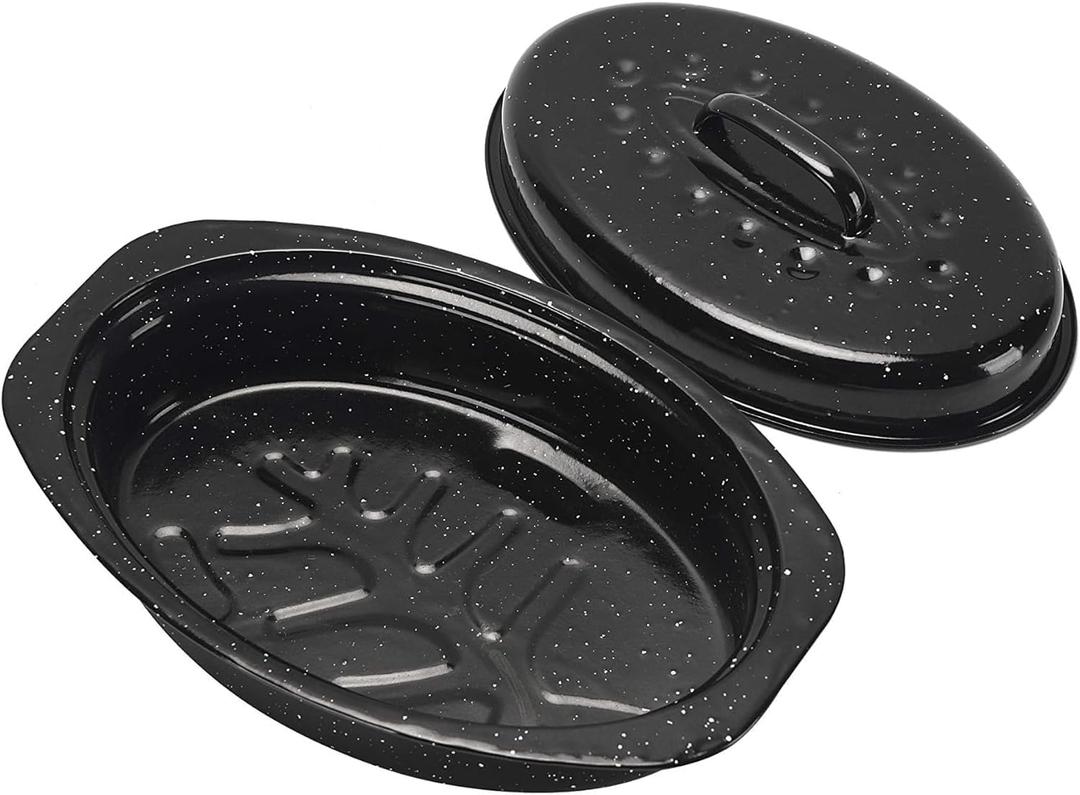 13 Inch Small Roasting Pan with Lid - Covered Oval Roaster - Enamel Carbon Steel Roaster Pot - Excellent Heat Distribution and Non-sticky - for Turkey Chicken Meat & Vegetables