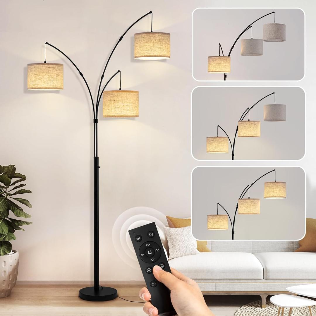 Arc Floor Lamp, 3 Light Floor Lamp with Remote, 2400LM Super Bright Tall Standing Lamp with 3 Color Temps & Dimmable, 80" Mid Century Tree Floor Lamps for Living Room, Bedroom, Office (Black-Linen Shade)