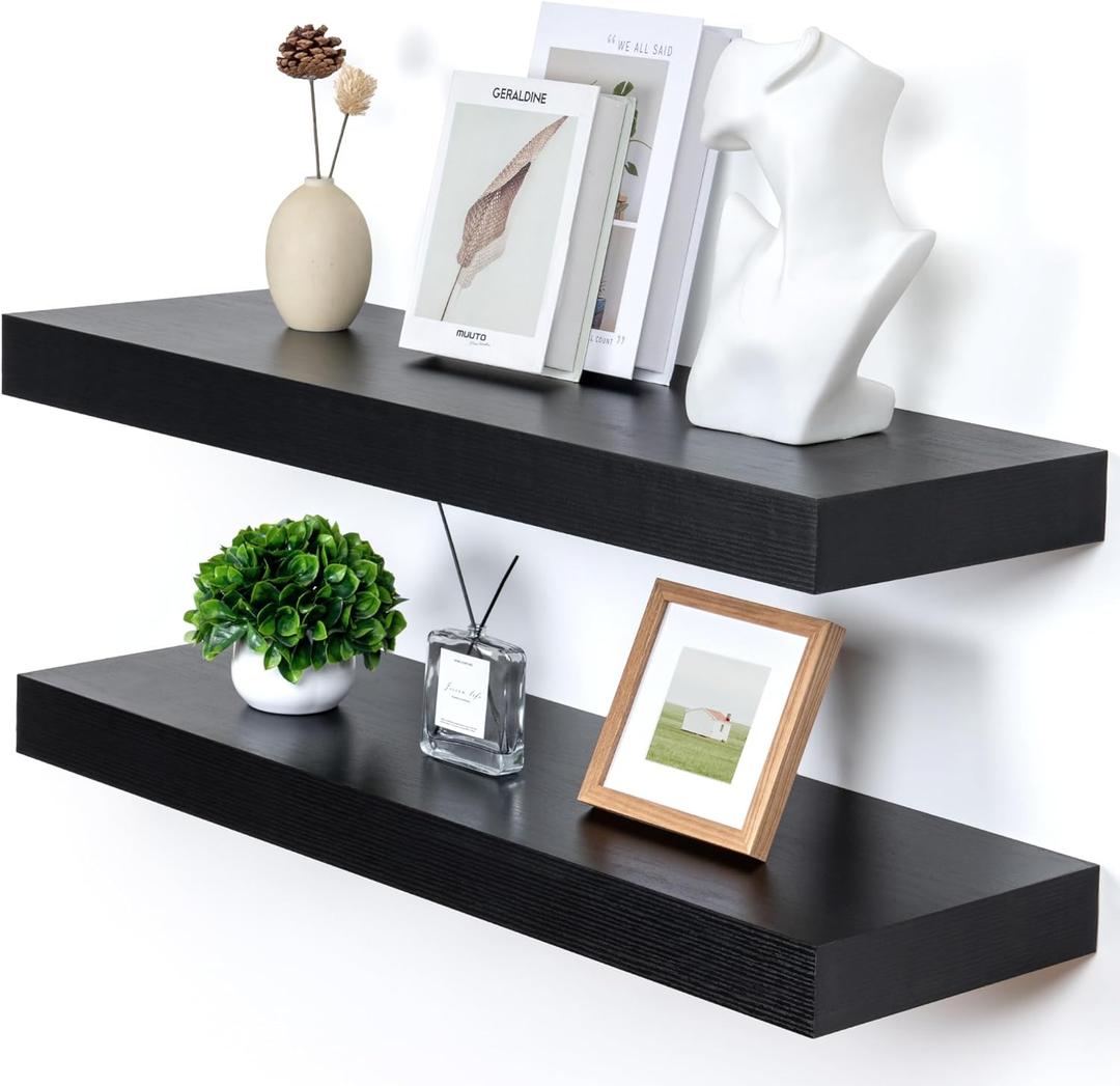 Deep Floating Shelves for Wall, 12'' Deep Large Floating Shelves Set of 2, 36 Inch Distressed Black Wood Shelves for Living Room Bathroom Laundry Room Bedroom Kitchen Home Office - Black (35.6W x 11.6D x 2H, 2 Pack)