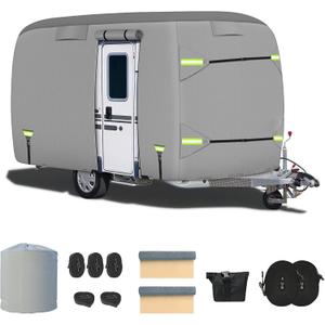 Fiberglass Travel Trailer Cover, Upgraded 8 Layers Top Fits 13-16 to 10 Feet Trailers, Waterproof Camper Cover, RV Cover with Extra Windproof Ropes, Adhesive Repair Patche