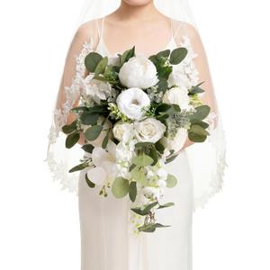 Ling's moment White Bridal Bouquet Cascading, White Wedding Bouquets for Bride, 13 Inch Ivory Bride Bouquets for Wedding Artificial Flowers Bouquets (Wht-natural Whites)