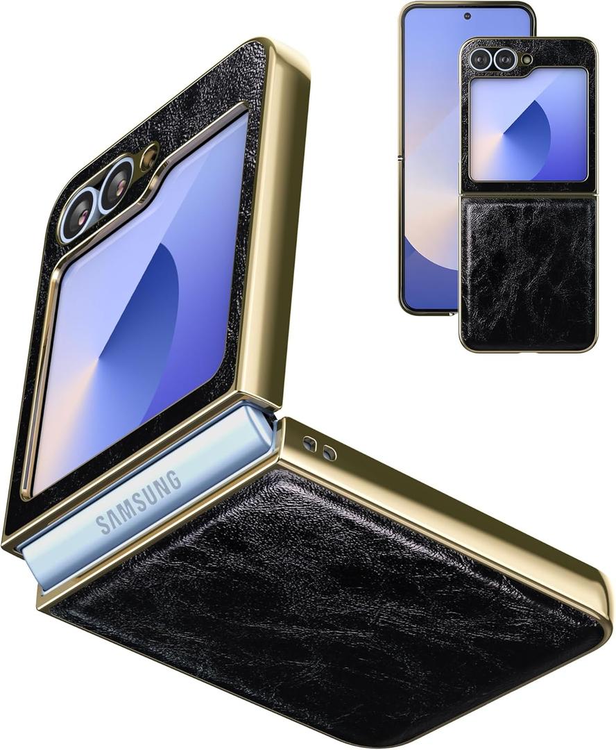for Samsung Galaxy Z Flip 6 5G Case [PU Leather+Golden Hard PC Shell] Ultra Slim Lightweight, Stylish Durable Full Protective, Support Wireless Charging Cover for Samsung Galaxy Z Flip 6, Black