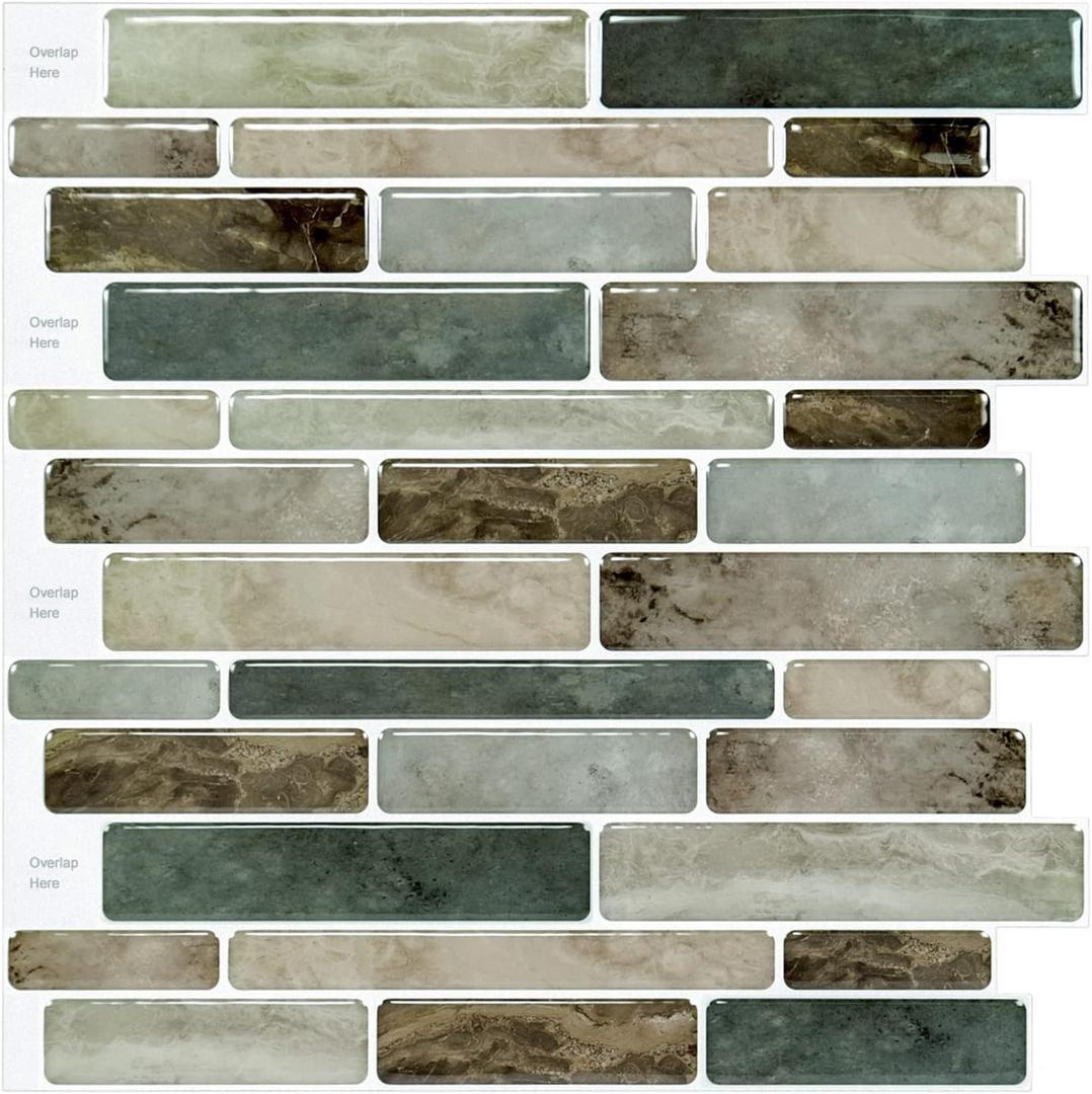 LONGKING Marble Peel and Stick Backsplash for Kitchen, 3D Adhesive Tile Backsplash for Kitchen, Bathroom, Wall Tile, 10 Sheets, 12" x 12" (Dark Brown)