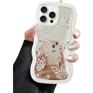 Jusy Compatible with iPhone 11 Pro Max Case with Wavy Edge, Cute White Butterfly Mirror Curly Phone Cases, Shockproof Hard PC & Soft TPU Bumper Protection Cover for Women Girls-Butterfly