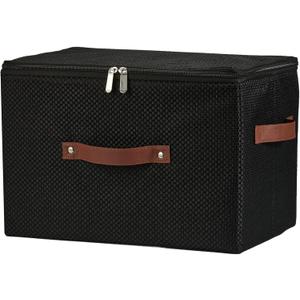 Storage Bins with Lid Fabric Storage Box Basket PU Leather Handle Textured Woven Cotton Linen Decorative Foldable Washable Shelf Closet Organizer Container (Zipper Lid, Black, Large)