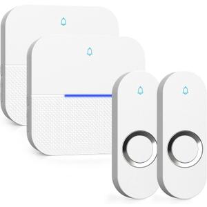 AIDA Lighted Wireless Doorbell, Home Waterproof Doorbell 1,000ft Range, 5 Volume Levels with 58 Doorbell Chimes & LED Flash (White, Doorbell with 2 Buttons & 2 Receivers)